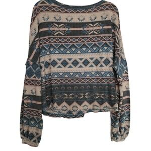 Thermal Tribal Geometric Print Boxy Waffle Knit Balloon Sleeve Gray Boho Top Med